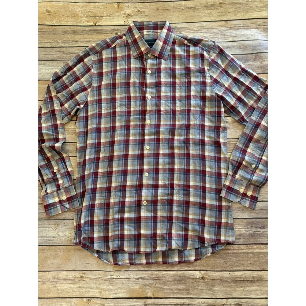 Scott Barber Mens M Dress Shirt Button Up Red Blue Check Plaid Long Sleeve